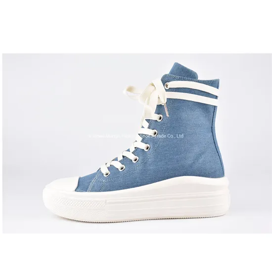 New Fashion Women Casual Boots Canvas Contracted Style Sneaker Denim Blue Long Lace