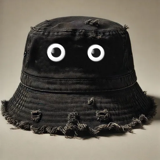 Washed Cotton Denim Distressed Tassel Bucket Hat 