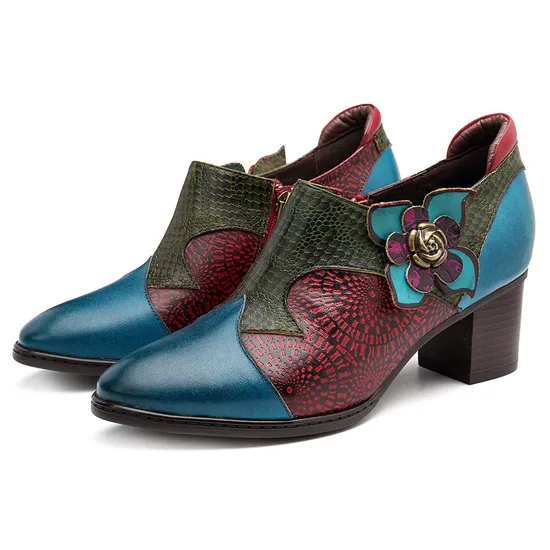Fashion Flower Women′s Chunky Shoes with Zipper Dress Shoes 
