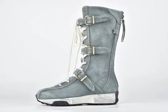 Women′s Knee High Boots Side Zipper Motorcycle Boots Square Toe Chunky Low Heel Fashion Buckles Biker Riding Boots 