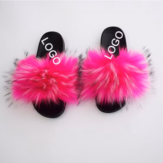 Customized Colorful Faux Fur Real Fox Fur Slides for Lady, Warm Winter Soft Women′s Fur Slide Slippers