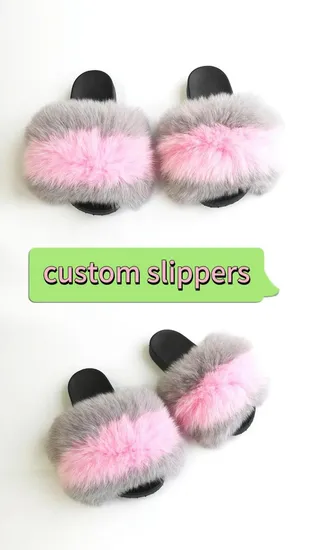 High Quality Faux Fox Fur with Custom Logo for Women Fashion Slides 