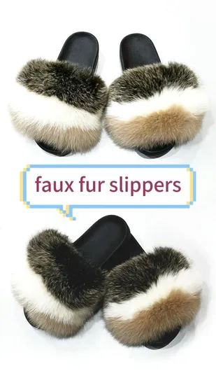 Cheap Fashion Plush Faux Fox Women′s Fluffy Fur Holiday Outdoor Slides 
