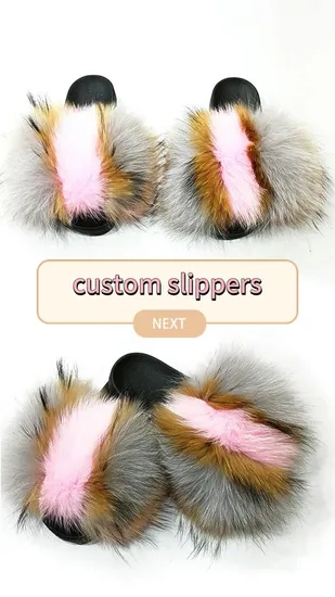Colorful Fox Fur Slippers Faux Raccoon Fur Slides for Women 